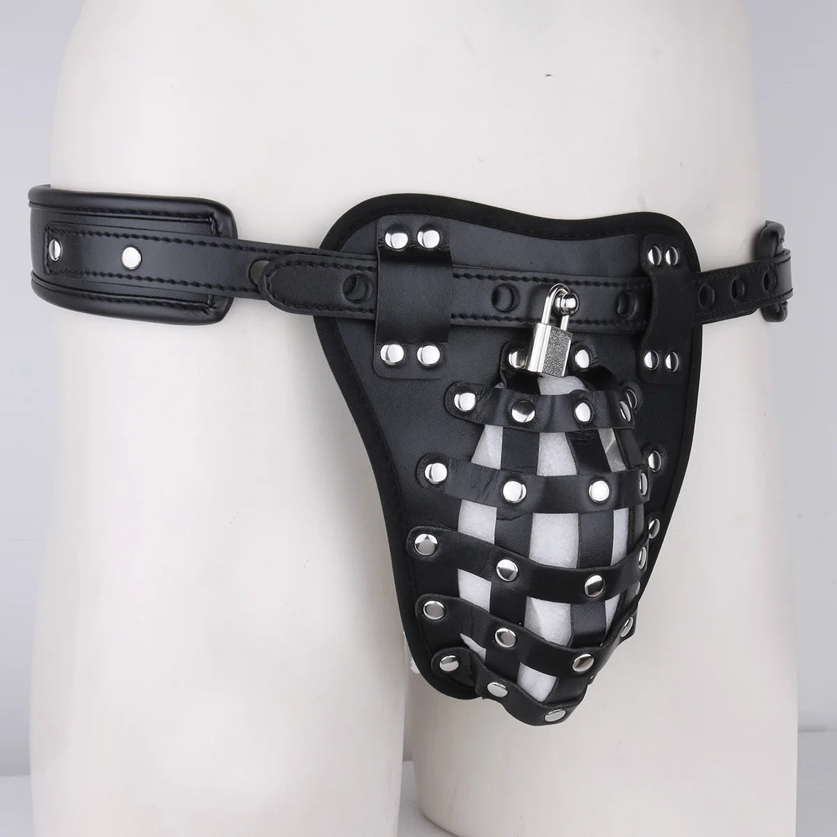 Men's Leather Chastity Thong Cage + Lock