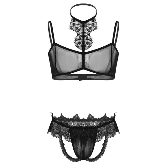 Men's Sheer Mesh Collar Bra & Panties Set