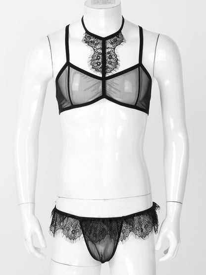 Men's Sheer Mesh Collar Bra & Panties Set